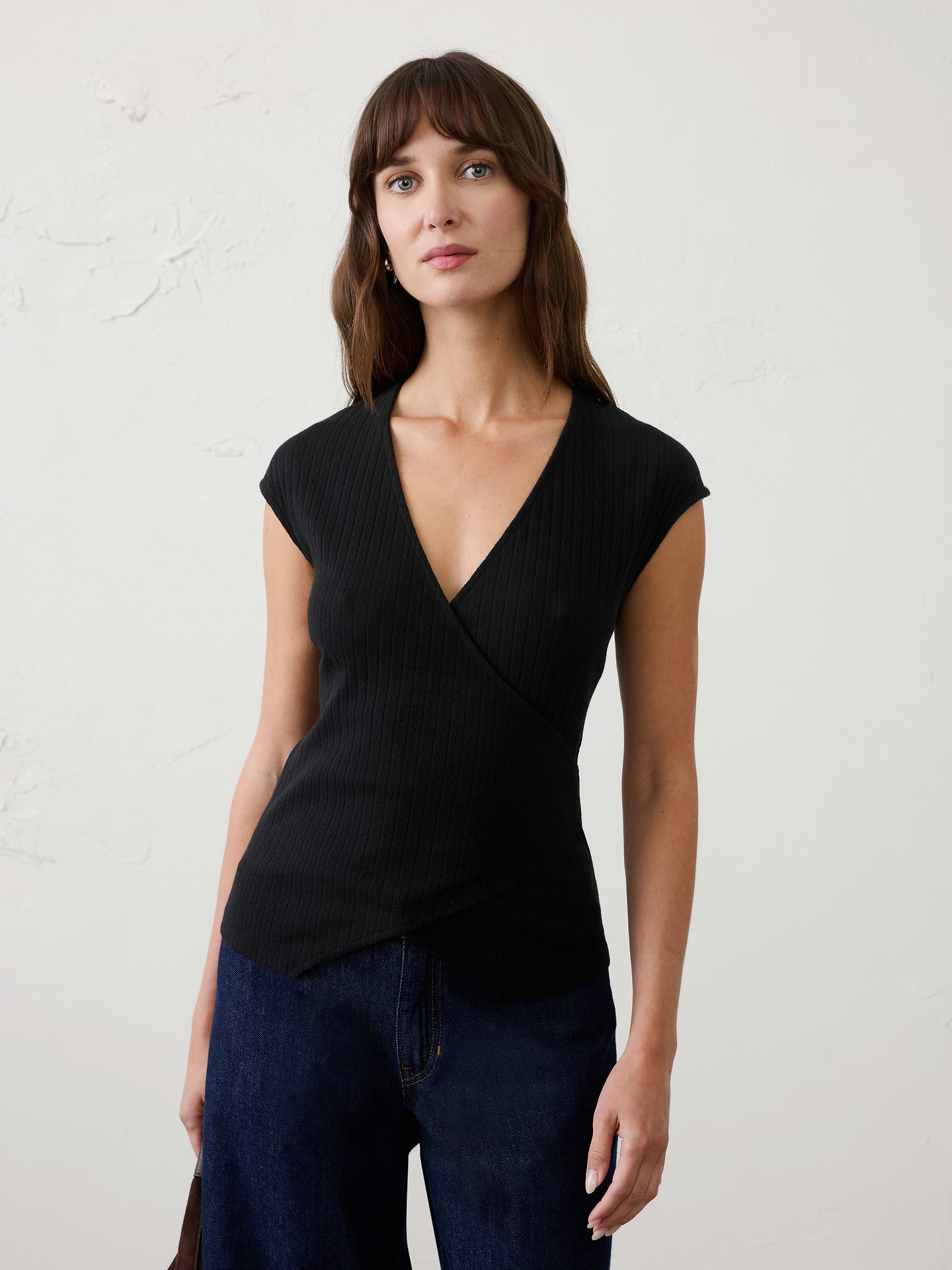 Image number 1 showing, Pointelle Ribbed Wrap-Front Top