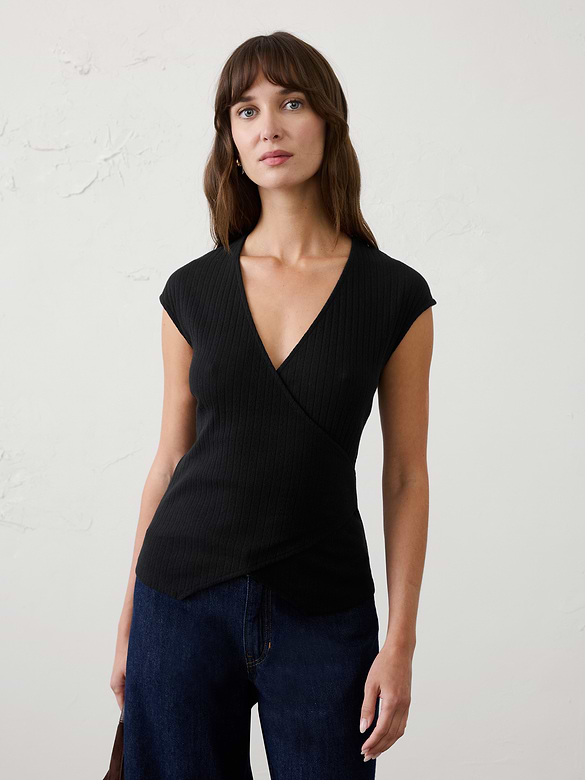 Pointelle Ribbed Wrap-Front Top