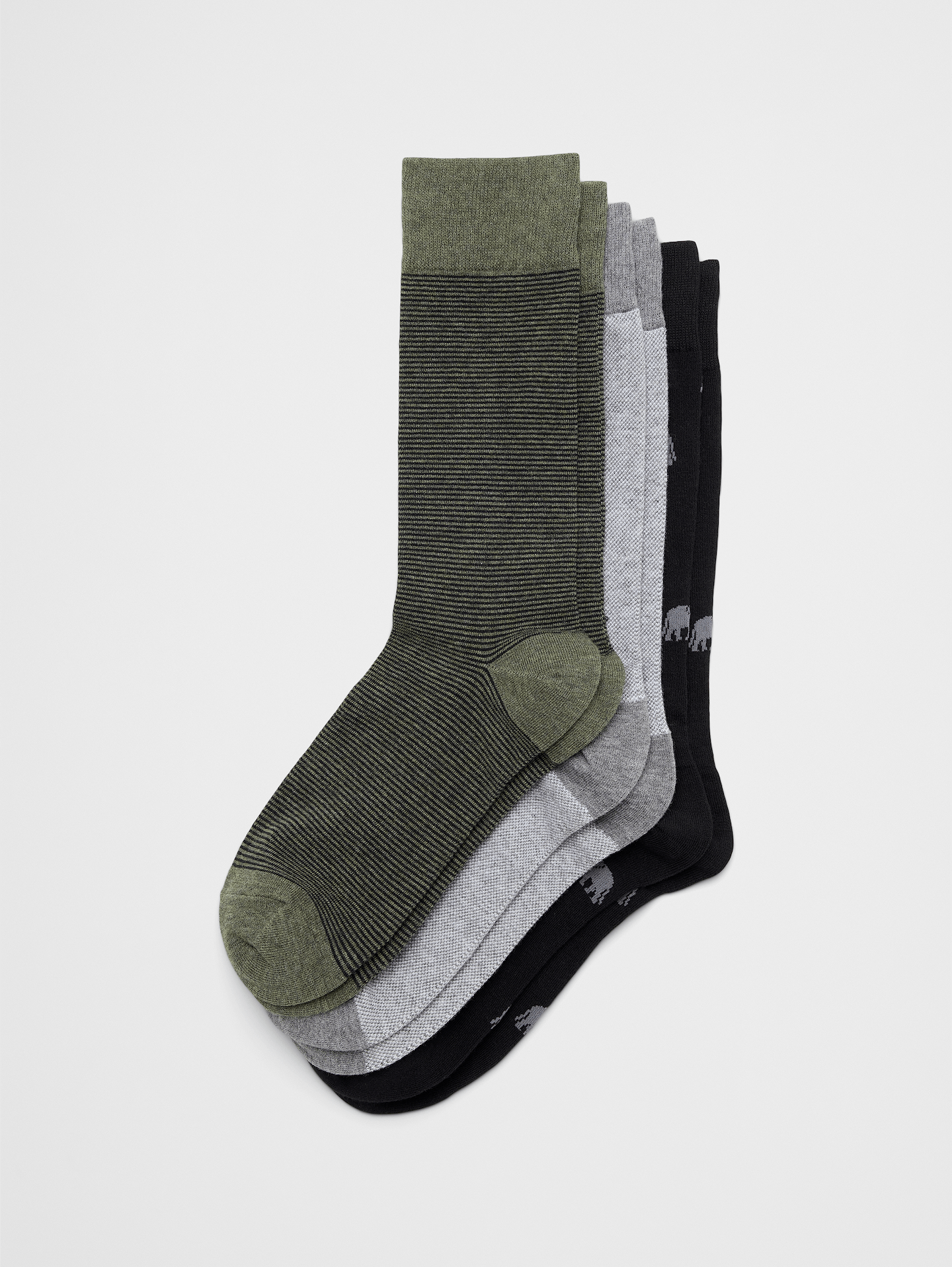 Image 1 of 1, This three‑pack of socks features a mix of elephant motifs and classic designs for everyday versatility., A soft breathable sock with rib-knit openings and angled toe seams for a better, more comfortable fit., Made exclusively for Banana Republic Factory., Product #1176607