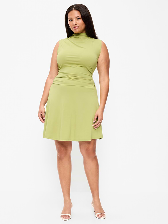 Gathered Mock-Neck Drop-Waist Mini Dress