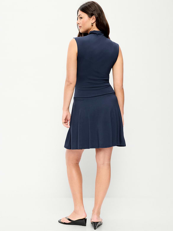 Gathered Mock-Neck Drop-Waist Mini Dress