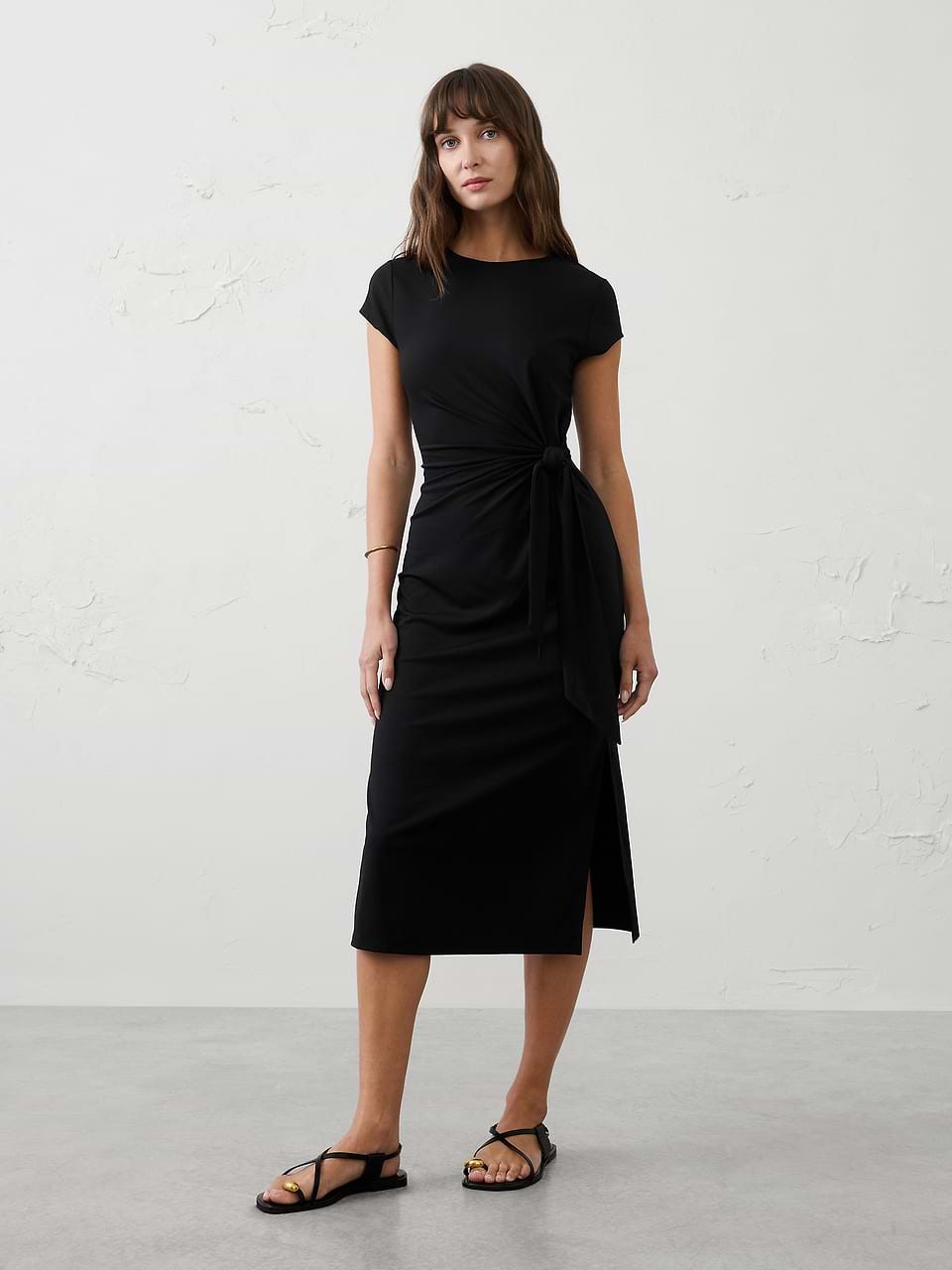 Women's Side-Tie Knit Midi Dress Black Regular Size XS