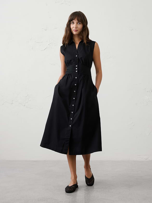 Poplin Collared Button-Down Midi Dress