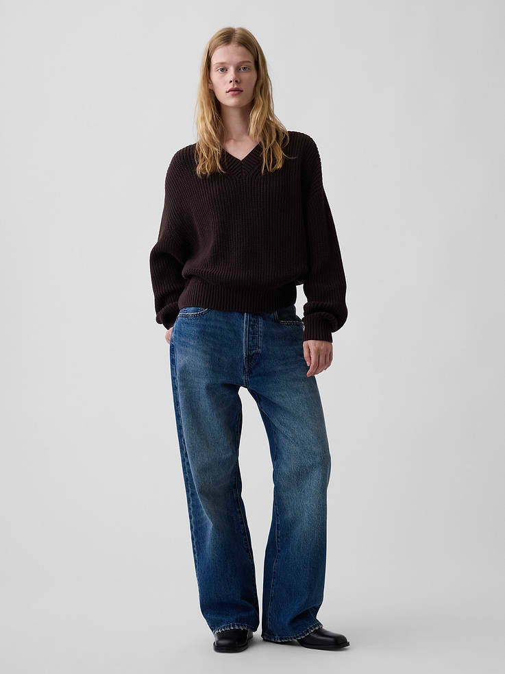 Image number 2 showing, 100% Cotton Oversized Shaker V-Neck Sweater