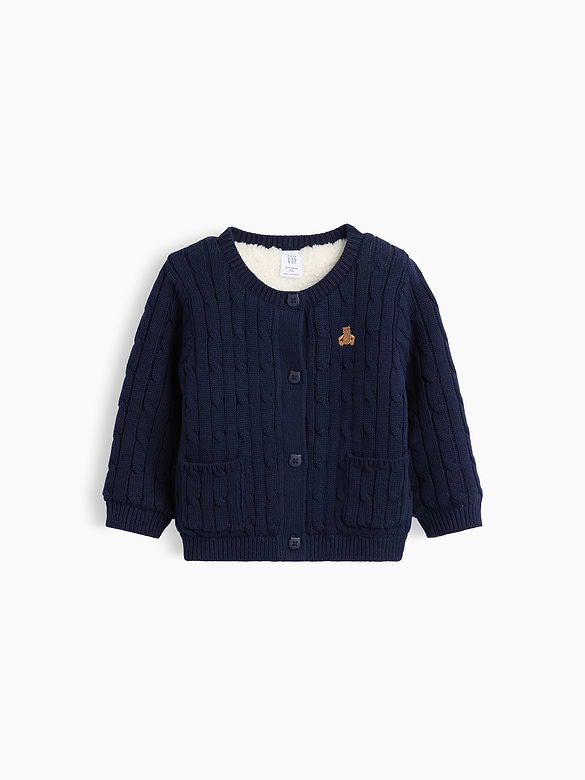 Baby Sherpa-Lined Cable-Knit Cardigan Sweater