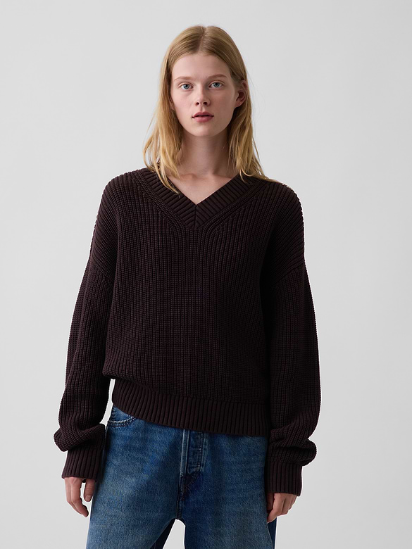 100% Cotton Oversized Shaker V-Neck Sweater
