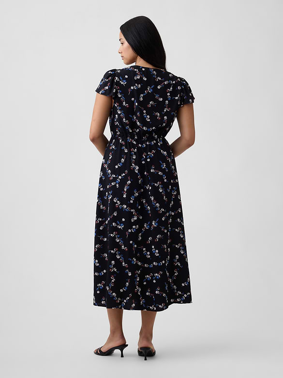 Flutter Sleeve V-Neck Midi Dress