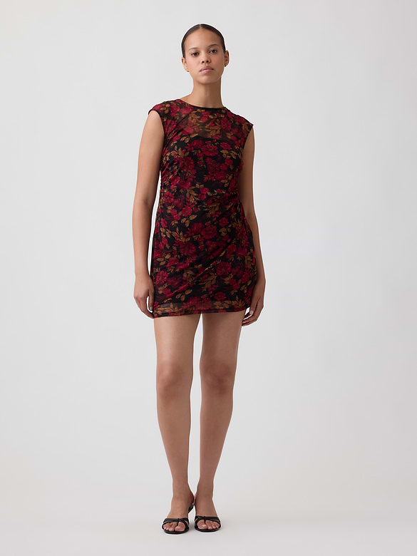 Ruched Mesh Mini Dress