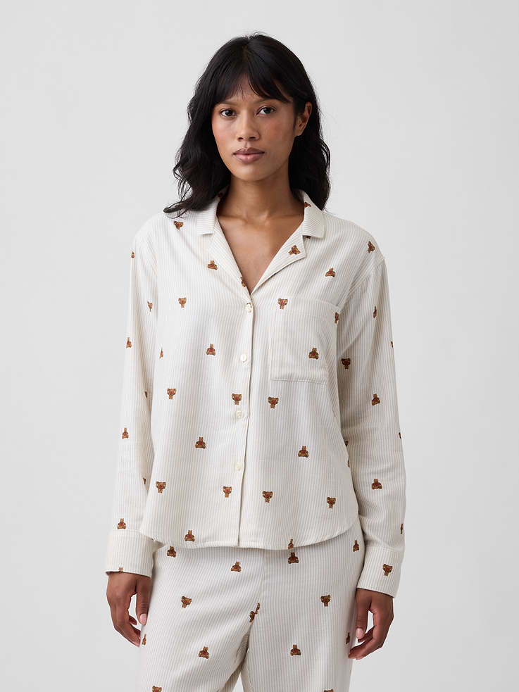 Image 1 of 4, Smooth flannel sleep shirt., Long sleeves with button cuffs., Lapel collar, button front., Patch pocket at chest., Curved shirttail hem., Select styles have allover print or stripes., Product #1178605