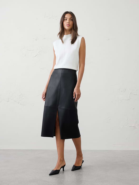 Vegan Leather Seamed Midi Skirt