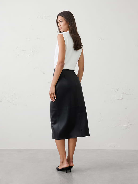 Vegan Leather Seamed Midi Skirt