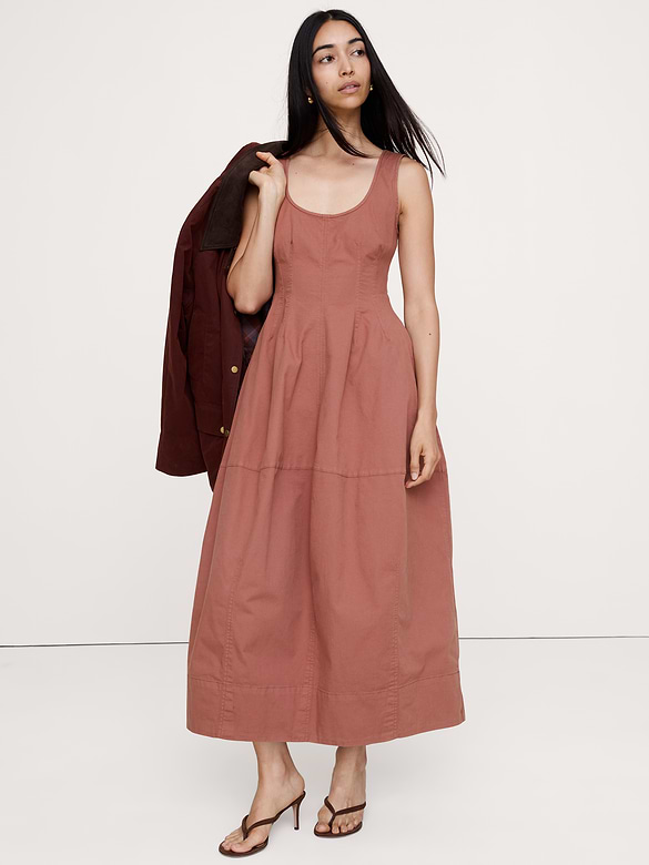 Robe mi-longue coupe baril en coton extensible