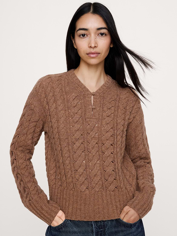 Merino-Yak Buttoned Cable-Knit Sweater