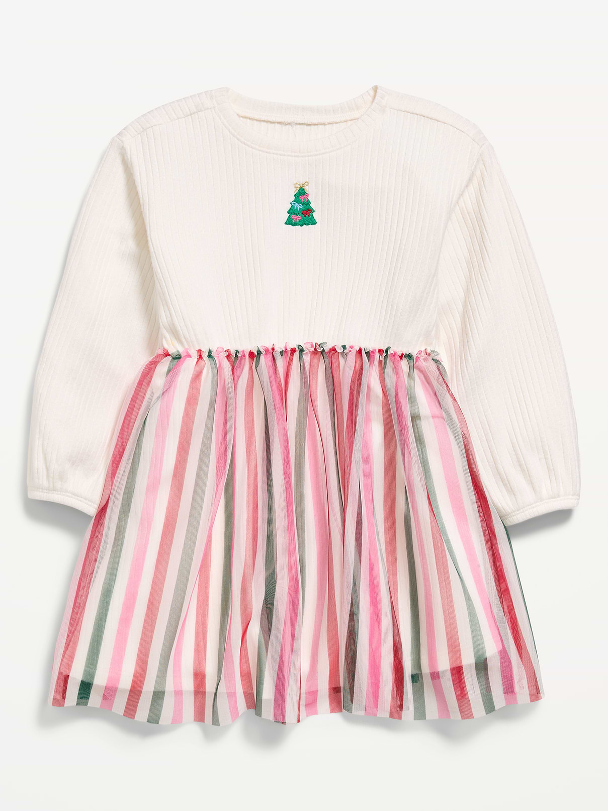 Image 1 of 1, round neckline, long puffy sleeves, embroidered graphic at chest, ruffled seamed waist, tulle overlay on skirt, Product #1181664