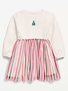 Image 1 of 1, round neckline, long puffy sleeves, embroidered graphic at chest, ruffled seamed waist, tulle overlay on skirt, Product #1181664