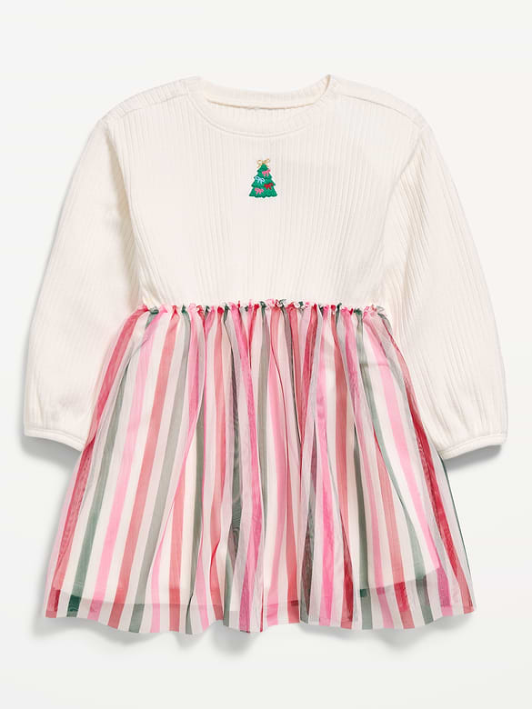 Long-Sleeve Ribbed Graphic Tutu Dress for Toddler Girls