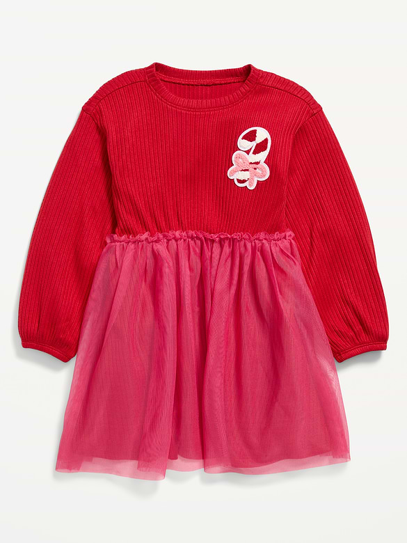 Long-Sleeve Ribbed Graphic Tutu Dress for Toddler Girls