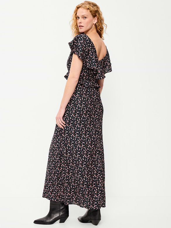 Flutter-Sleeve Crepe Maxi Dress
