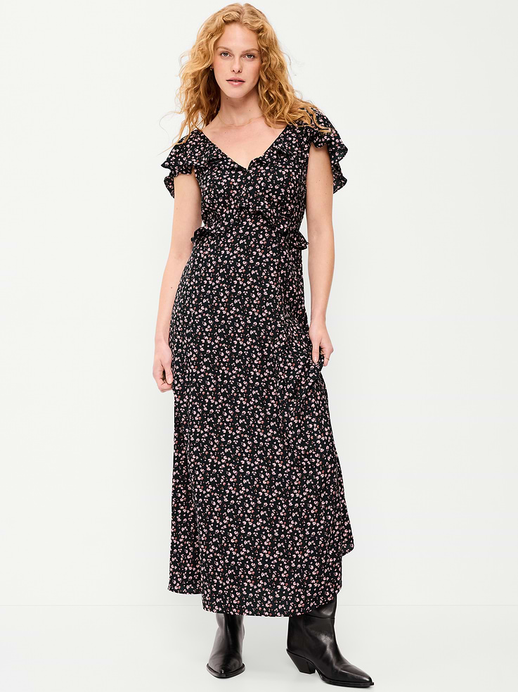 Image number 1 showing, Flutter-Sleeve Crepe Maxi Dress