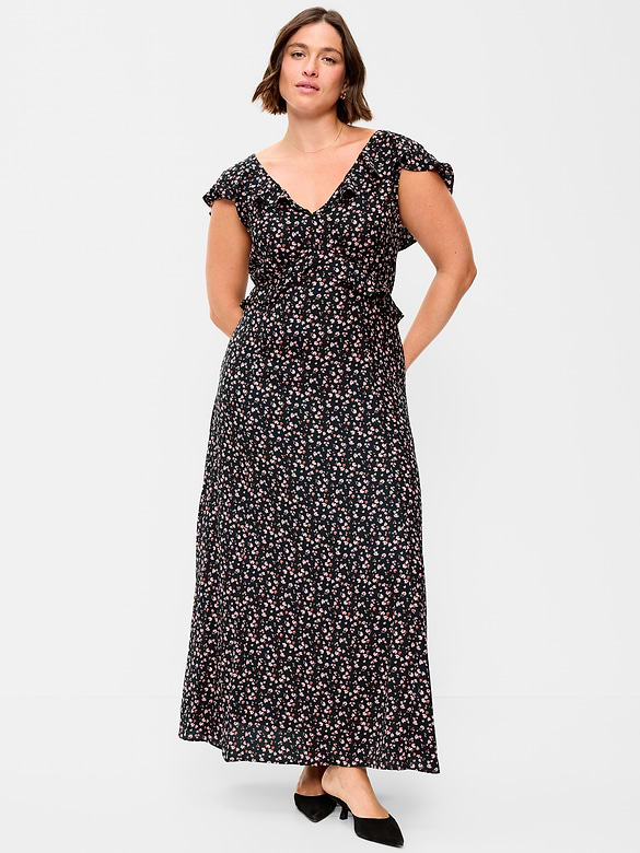 Flutter-Sleeve Crepe Maxi Dress