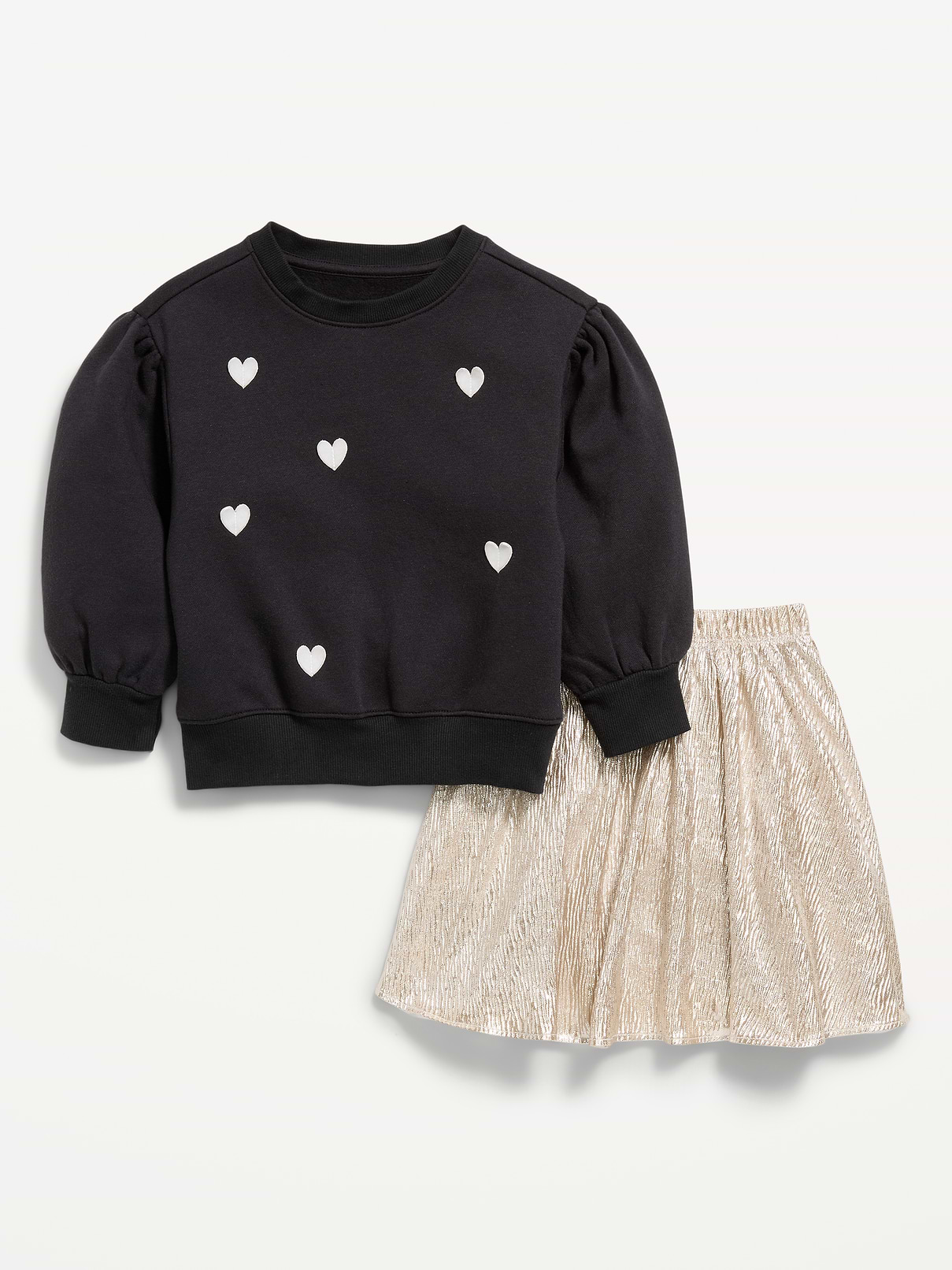 Image 1 of 2, crew neck, long sleeves, graphic at front, coordinating skirt, elasticized waistband, shirred detailing at skirt, Product #909138