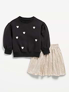 Image 1 of 2, crew neck, long sleeves, graphic at front, coordinating skirt, elasticized waistband, shirred detailing at skirt, Product #909138