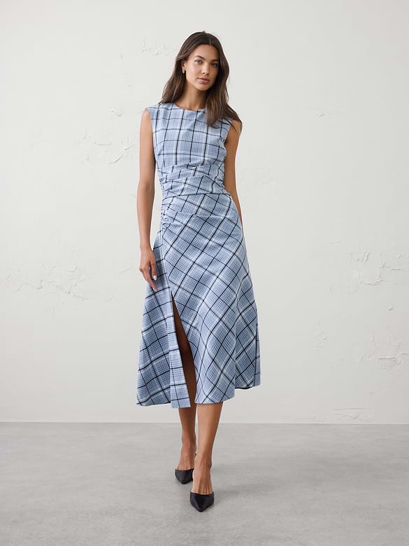 High-Neck Draped Midi Dress