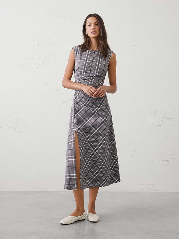 High-Neck Draped Midi Dress