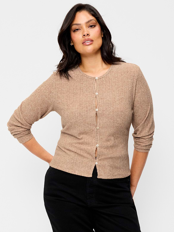 Long-Sleeve Button-Front Pointelle Top