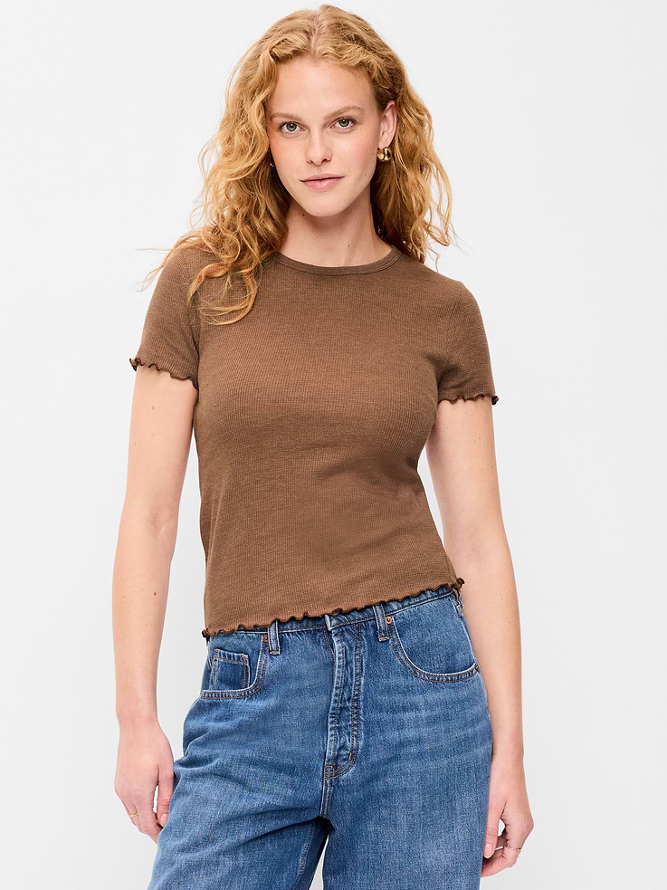 Image number 1 showing, Fitted Waffle-Knit Cropped T-Shirt