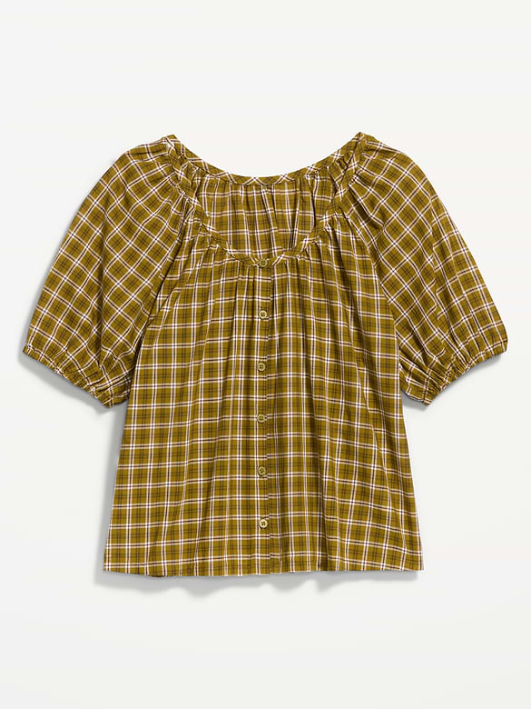 Short-Sleeve Button-Front Plaid Top