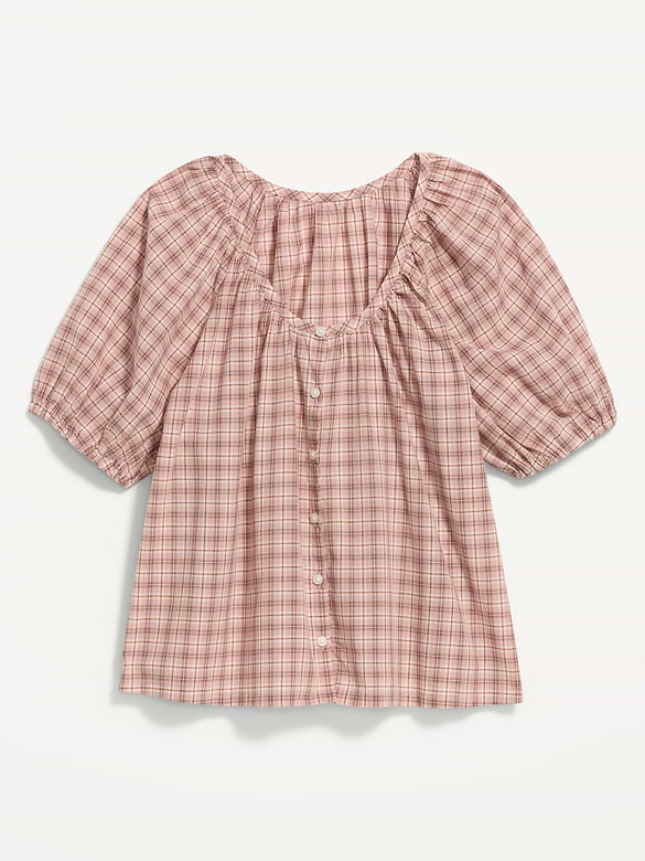 Short-Sleeve Button-Front Plaid Top