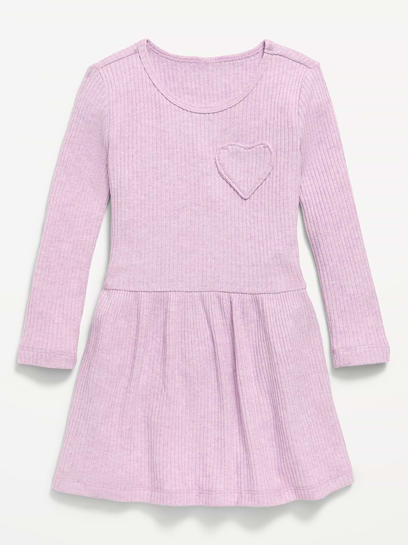 Long-Sleeve Ribbed Heart Pocket Dress for Toddler Girls
