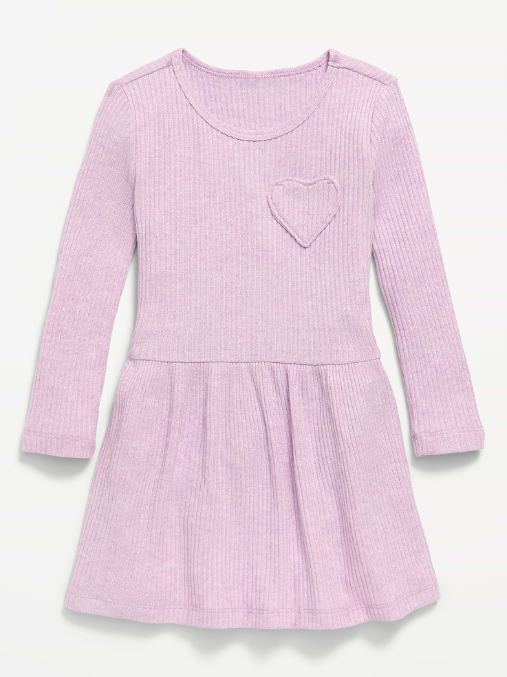 Image 2 of 3, Shiny Long-Sleeve Ribbed Heart-Pocket Dress for Toddler Girls