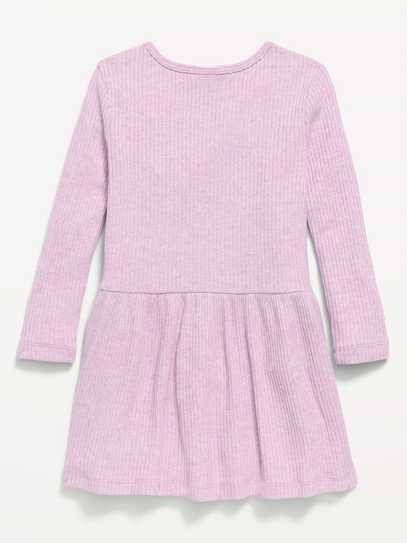Long-Sleeve Ribbed Heart Pocket Dress for Toddler Girls