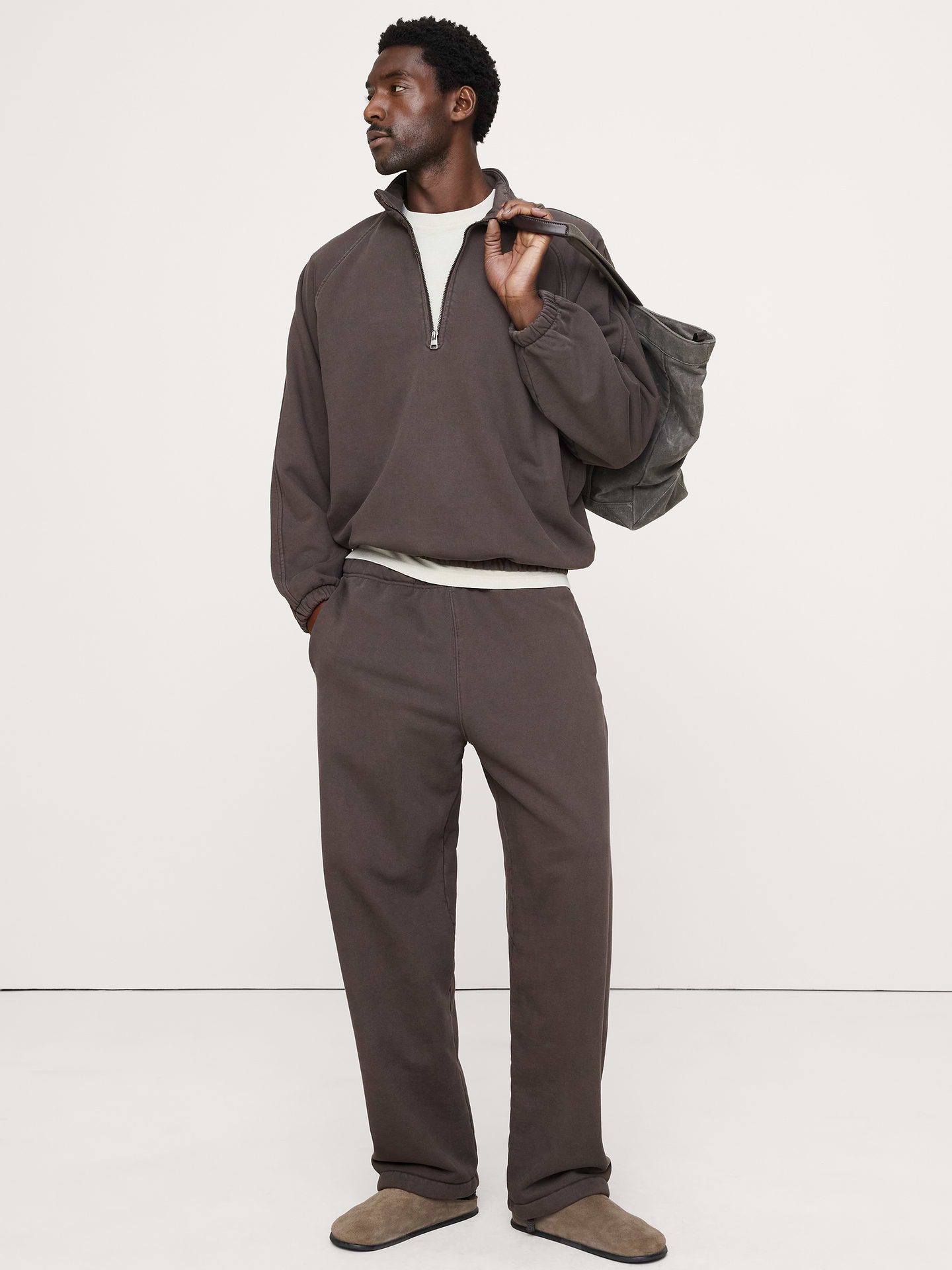 Image 1 of 5, We love French terry for its softness and all-weather weight. Here, our heavyweight sweatshirt employs a garment wash (for softness and an already-loved color)., Oversized fit: Extra room through the shoulders, chest, and waist., Stand collar with zip placket. Raglan sleeves., Elastic hem and cuffs., Straight hem., Product #906578