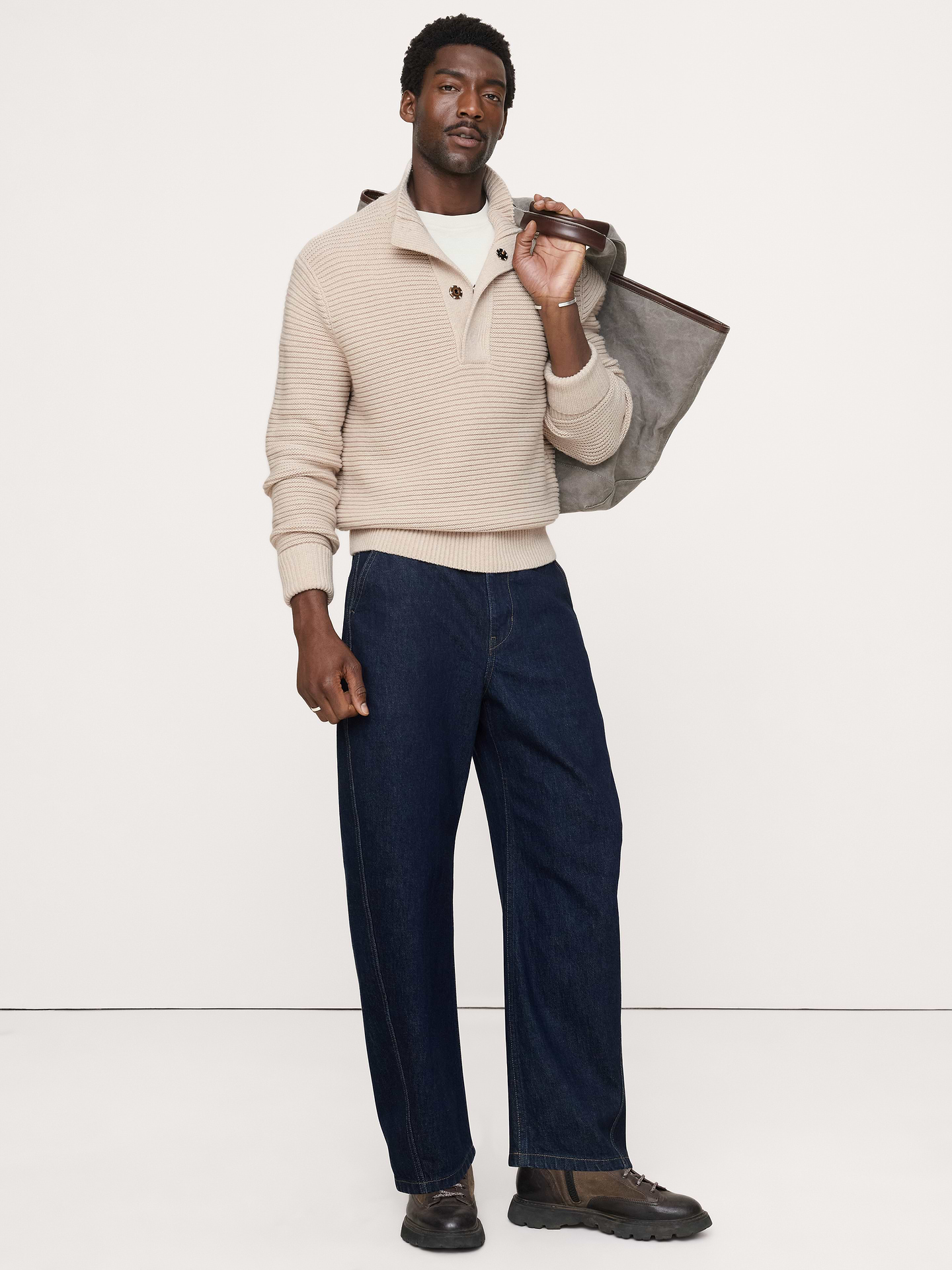 Image 1 of 6, We crafted this heavyweight sweater from a luxe, extra-fine Merino wool blend with horizontal-stitch detail and a snap-closure mock neck., Standard Fit: A straight and easy fit., Fabric from Italy's Filpucci mill., Mock neck with snap placket., Straight hem., Product #906810