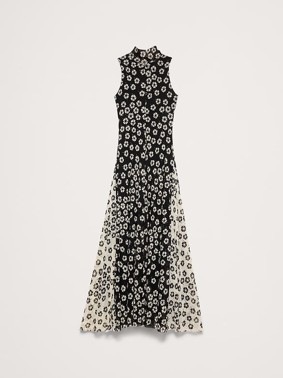 Robe longue à col cravate et à mailles