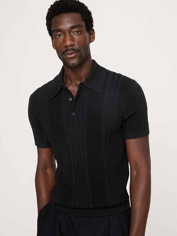 Polo en laine mérinos et coton texturé à rayures