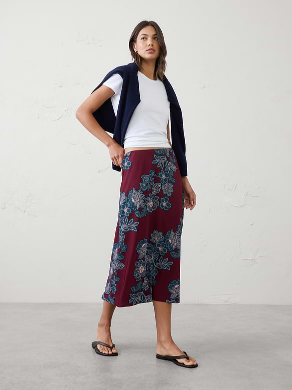 Sheen Twill Pull-On Midi Skirt