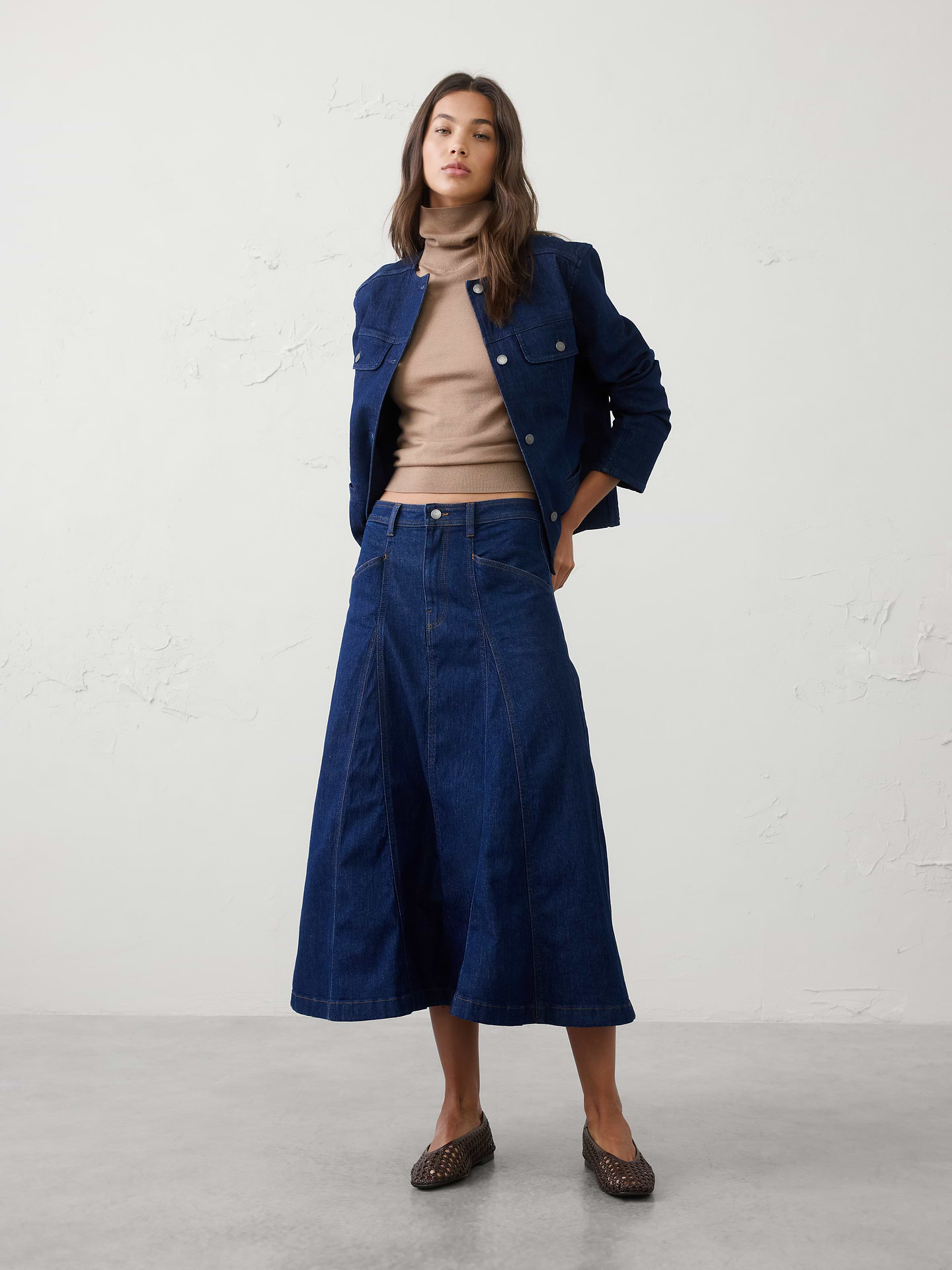 Image number 1 showing, Denim Seamed Paneled Midi Skirt