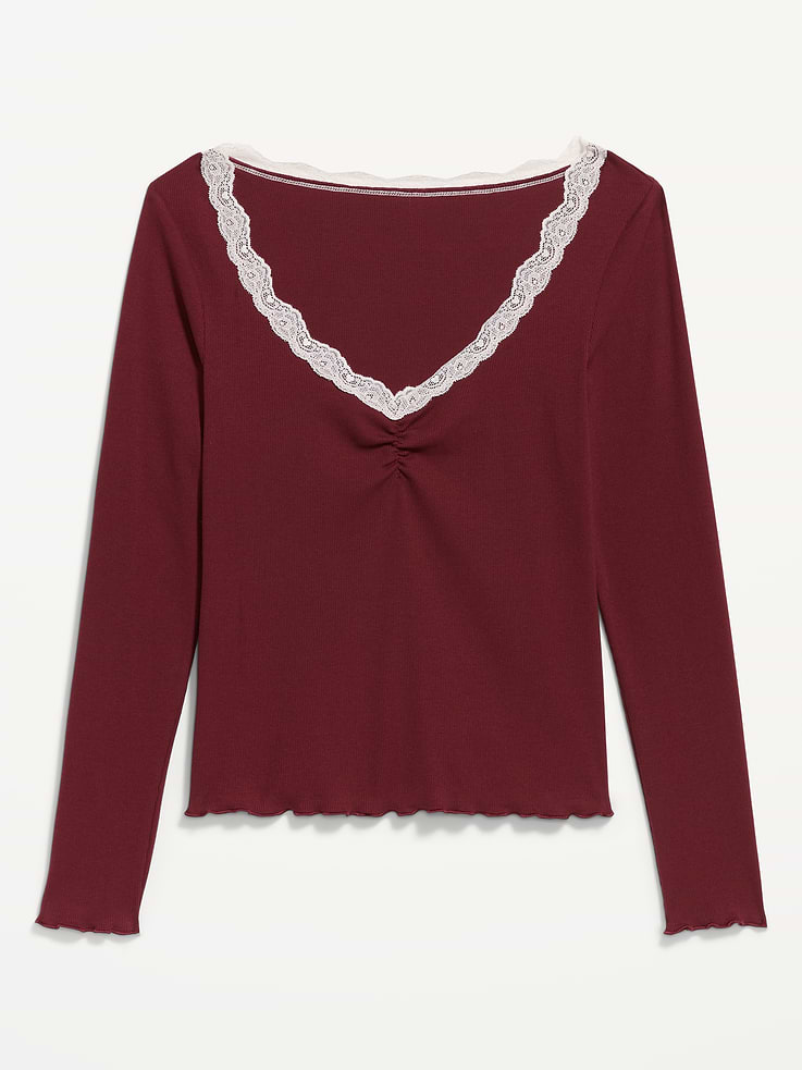 Image 4 of 6, Long-Sleeve Lace Trim T-Shirt