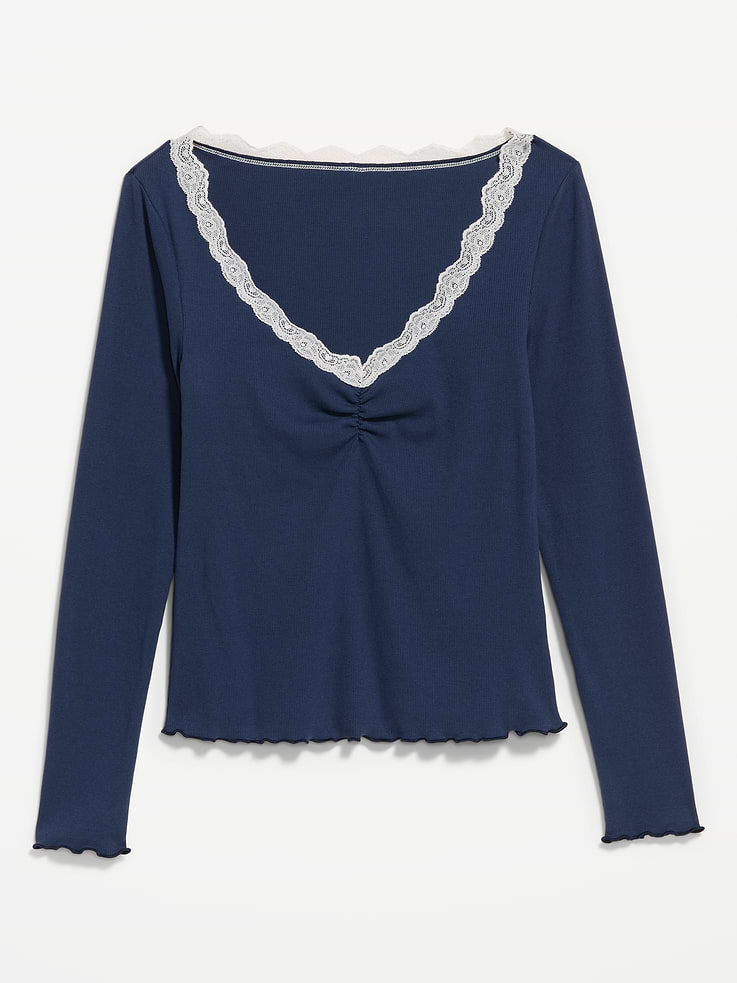 Image 4 of 8, Long-Sleeve Lace Trim T-Shirt