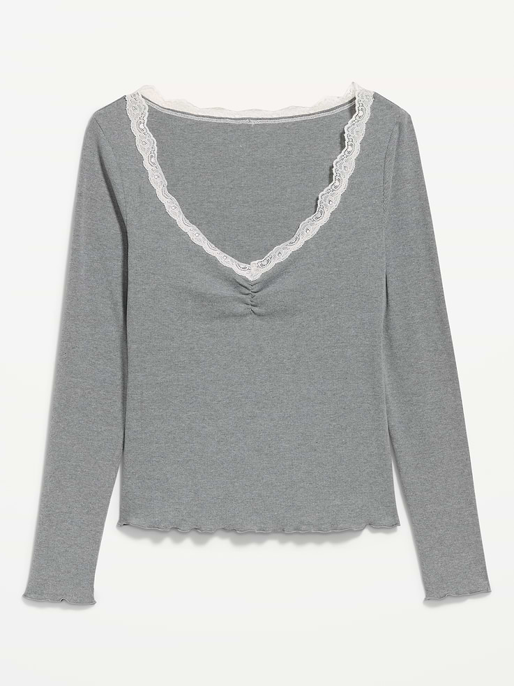 Image 4 of 8, Long-Sleeve Lace Trim T-Shirt