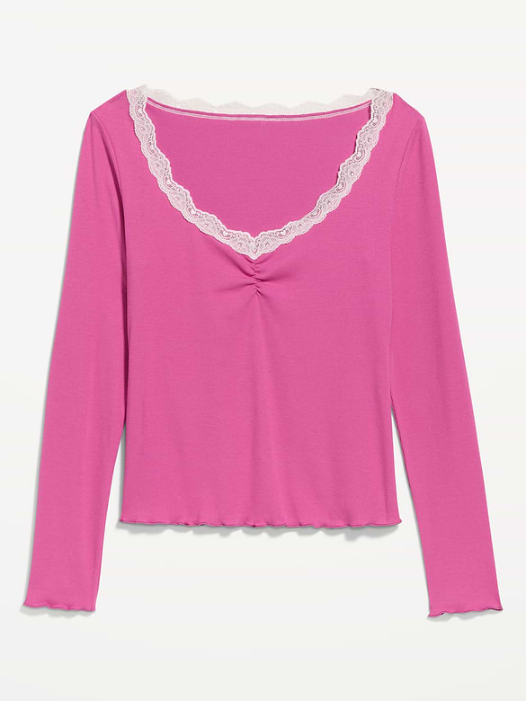 Long-Sleeve Lace Trim T-Shirt
