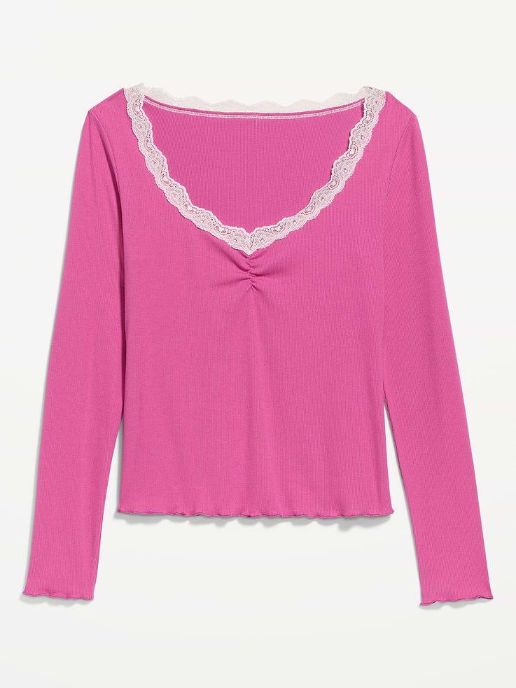 Image 2 of 6, Long-Sleeve Lace Trim T-Shirt