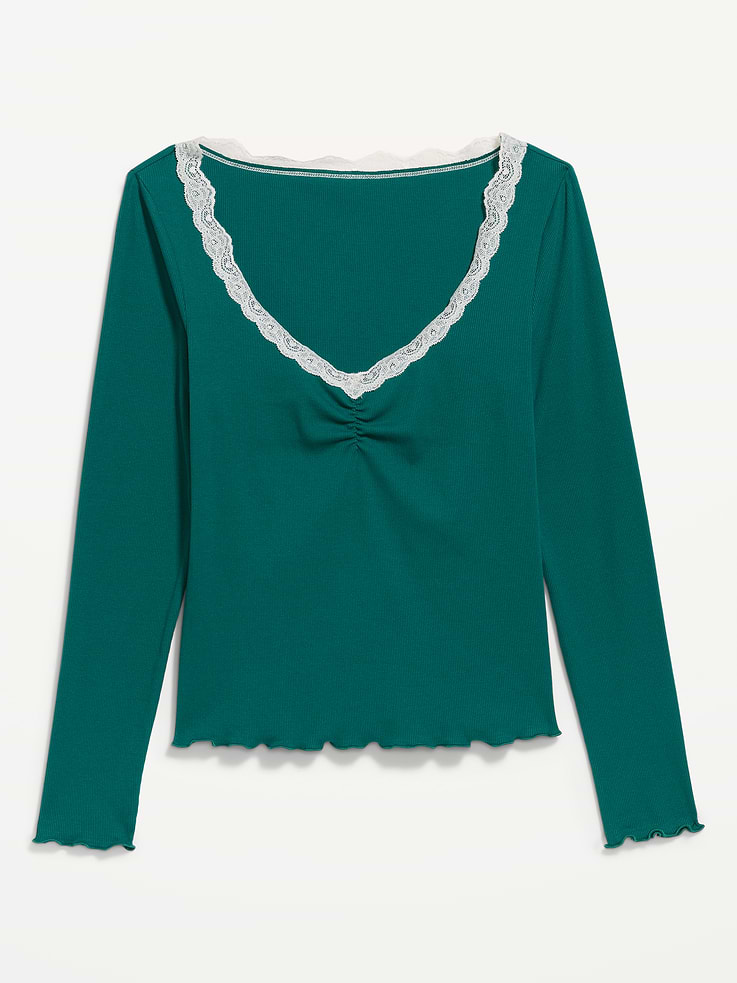Image 4 of 6, Long-Sleeve Lace Trim T-Shirt