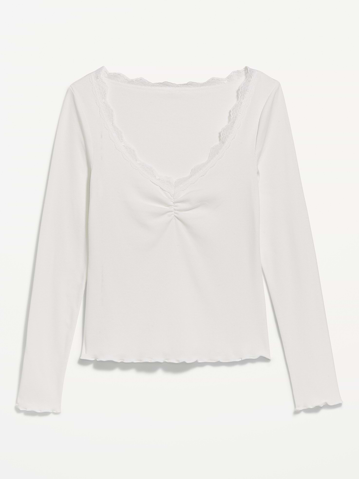 Image 4 of 4, Long-Sleeve Lace Trim T-Shirt