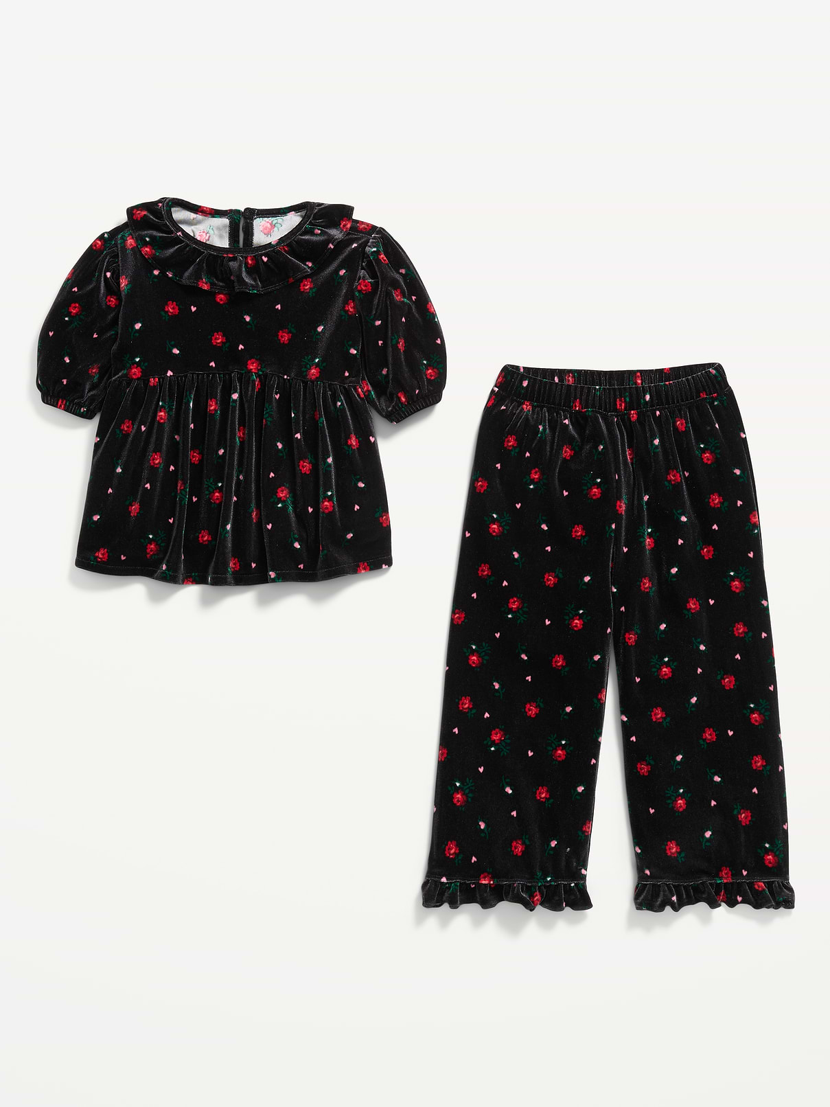 Image 2 of 2, Printed Velvet Puff-Sleeve Top and Pants Set for Toddler Girls