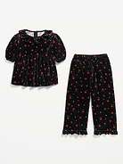 Image 2 of 2, Printed Velvet Puff-Sleeve Top and Pants Set for Toddler Girls